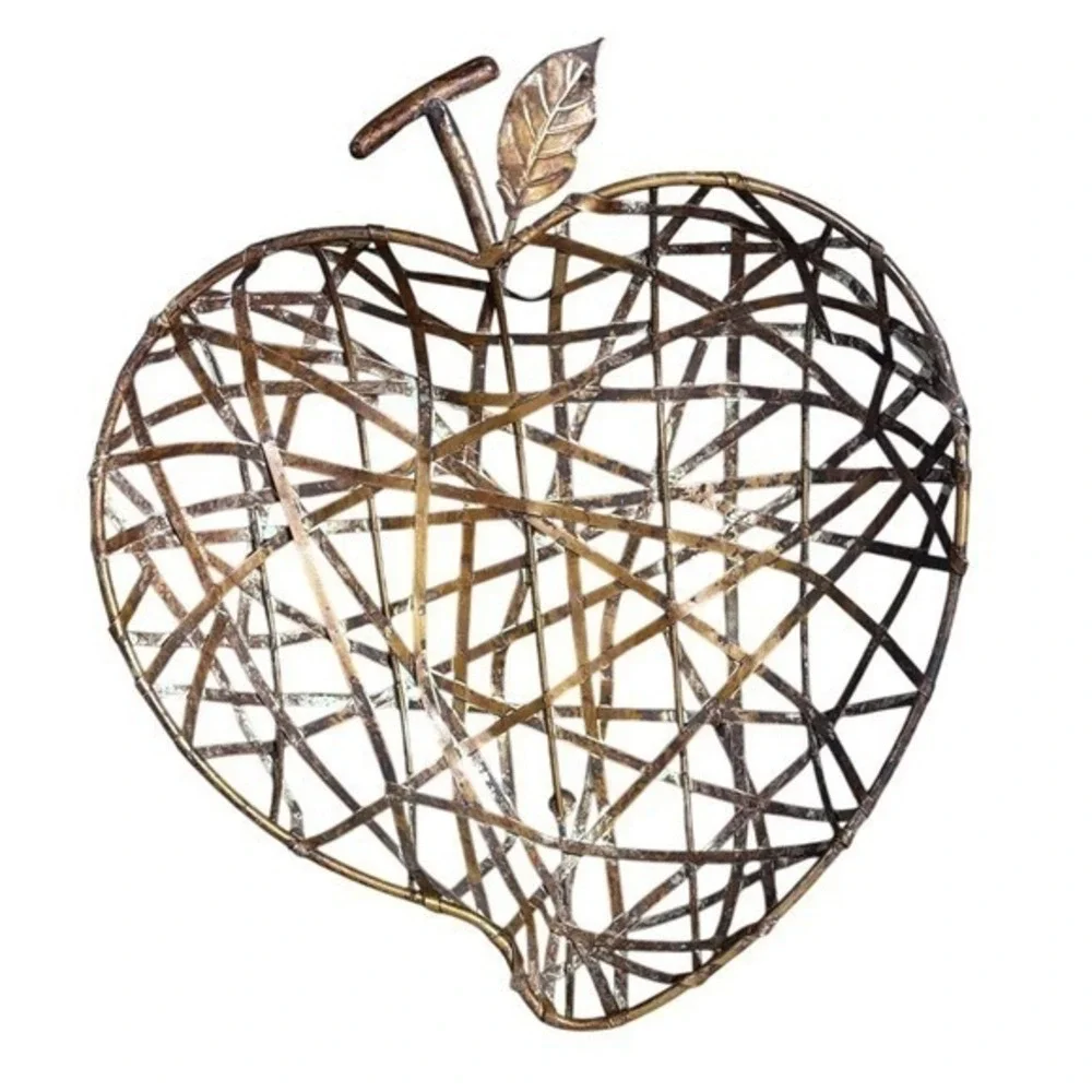 Vintage Metal Shaped Apple Basket Rustic Brown Decorative Cottage Core Woven